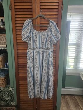 BloomChic Blue And White Striped Floral Midi Dress
